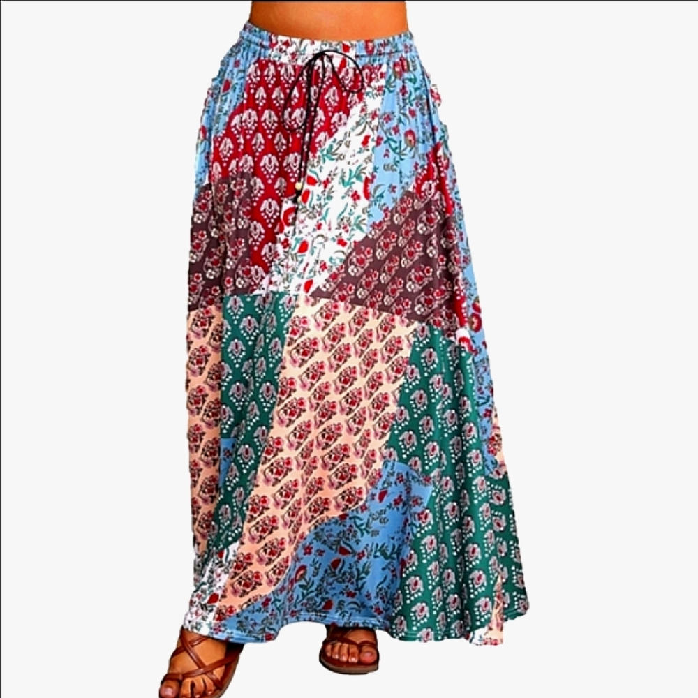 Patchwork Maxi Skirt Boho Print Red Green Blue - Picture 2 of 6